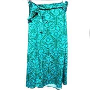 Ann Taylor Belted Midi Skirt Sz 12 Green Blue Damask Floral Belted A-Line NWT